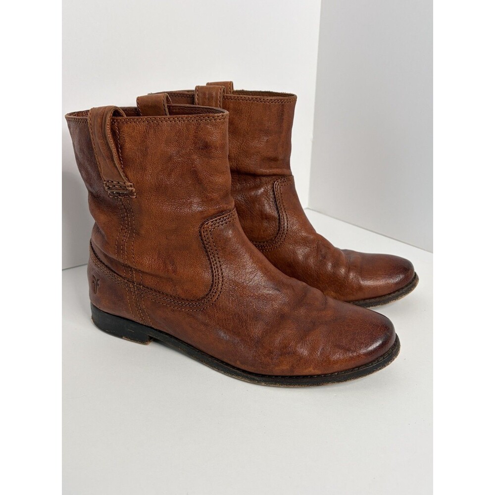 Women’s FRYE ANNA SHORTIE Cognac Leather Biker Riding Bootie Shoe US Sz 8.5